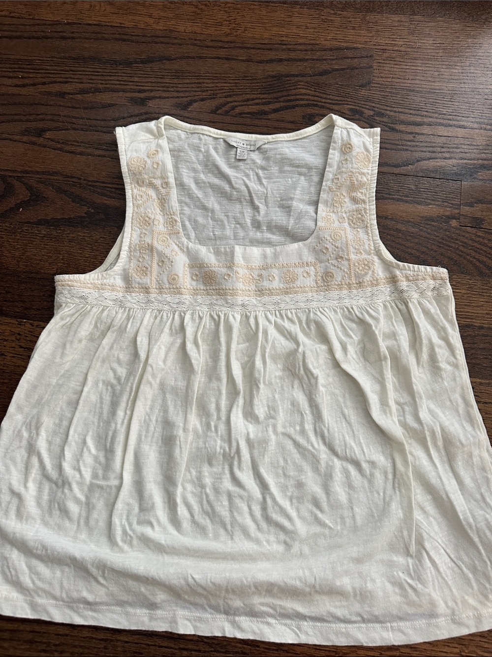Lucky Brand White Tank Top with Cream Embroidery
